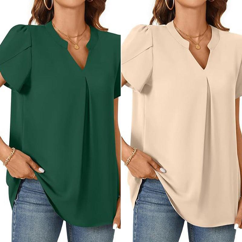 Élina – Top Uni à Col V Plissé – Manches Courtes Style Fleur Épanouie