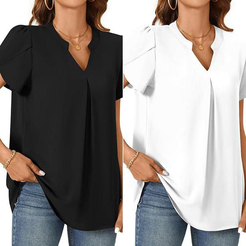 Élina – Top Uni à Col V Plissé – Manches Courtes Style Fleur Épanouie