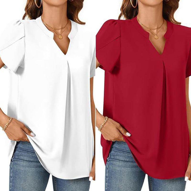 Élina – Top Uni à Col V Plissé – Manches Courtes Style Fleur Épanouie
