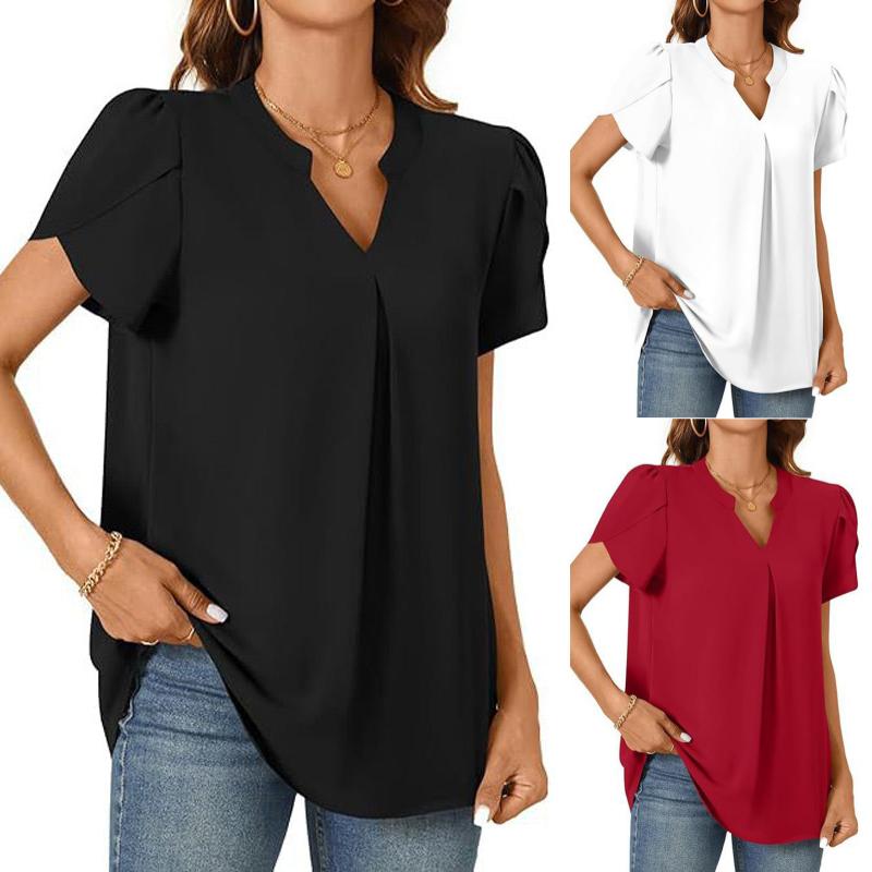 Élina – Top Uni à Col V Plissé – Manches Courtes Style Fleur Épanouie