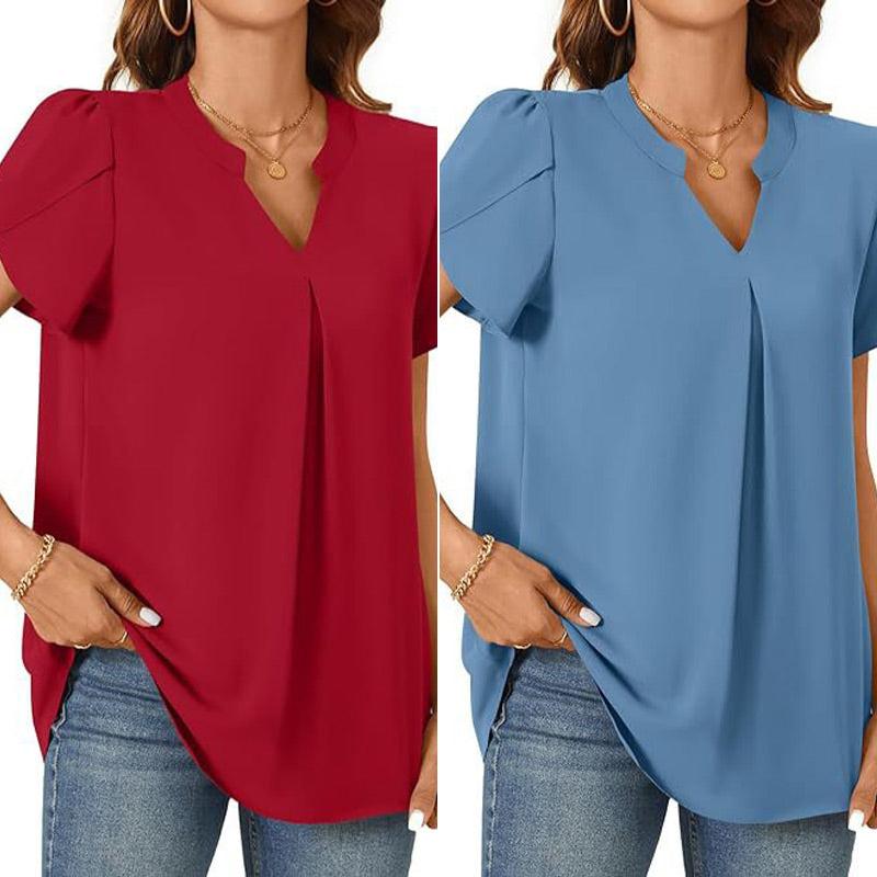 Élina – Top Uni à Col V Plissé – Manches Courtes Style Fleur Épanouie