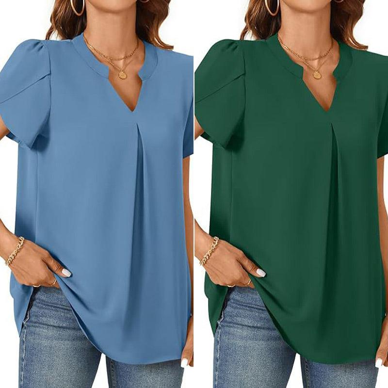 Élina – Top Uni à Col V Plissé – Manches Courtes Style Fleur Épanouie
