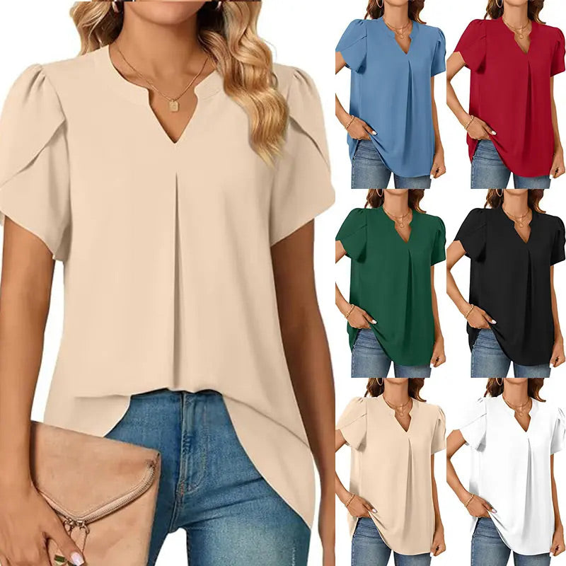 Élina – Top Uni à Col V Plissé – Manches Courtes Style Fleur Épanouie