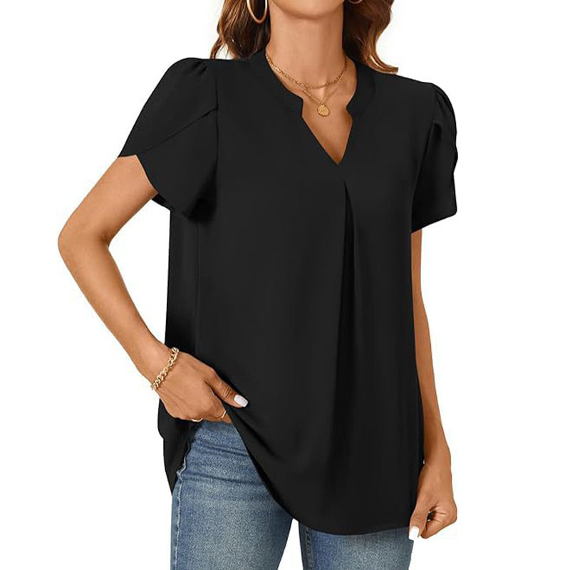 Élina – Top Uni à Col V Plissé – Manches Courtes Style Fleur Épanouie