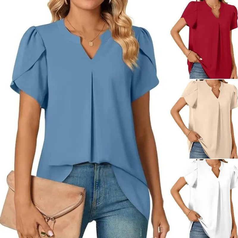 Élina – Top Uni à Col V Plissé – Manches Courtes Style Fleur Épanouie