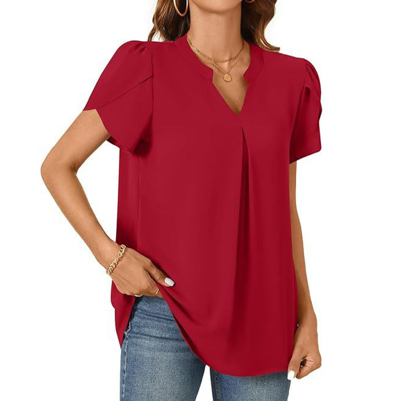 Élina – Top Uni à Col V Plissé – Manches Courtes Style Fleur Épanouie