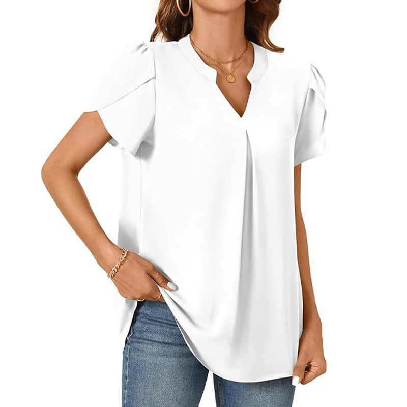 Élina – Top Uni à Col V Plissé – Manches Courtes Style Fleur Épanouie