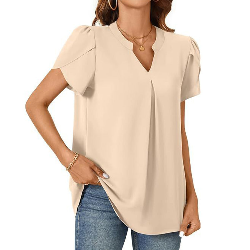 Élina – Top Uni à Col V Plissé – Manches Courtes Style Fleur Épanouie